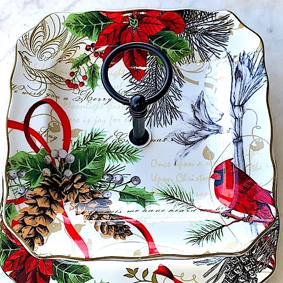 222 FIFTH  “HOLIDAY WISHES” 2 TIERED SERVING TRAY POINSETTIA PINECONES SCRIPT - Picture 4 of 11